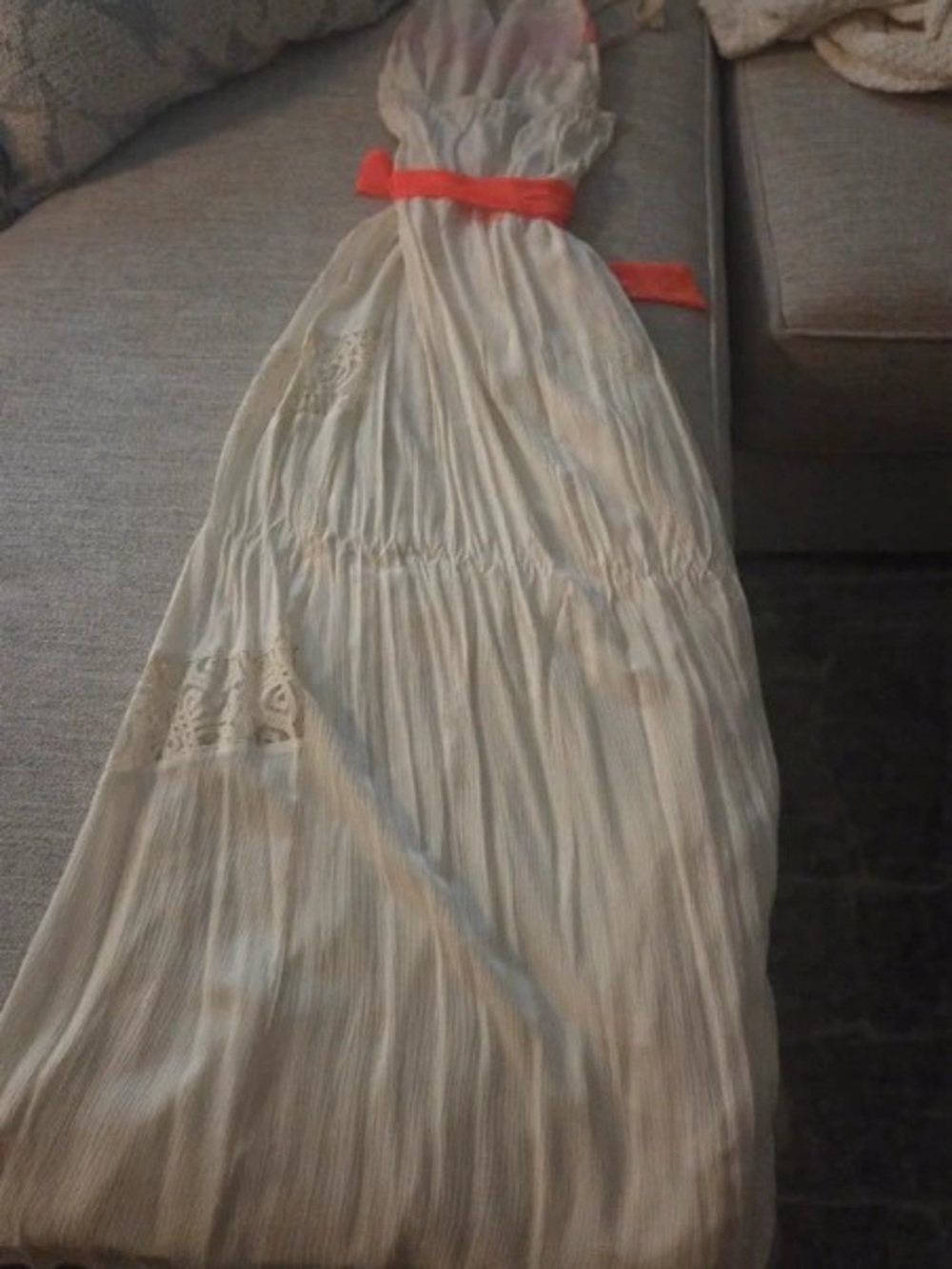 Cream Maxi Dress with Coral Waist Sash Accent